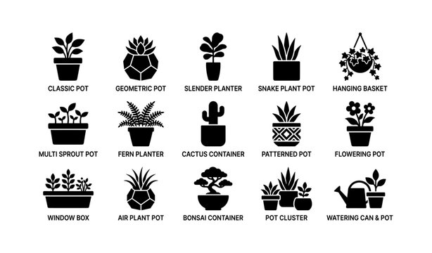 Plant pot and planter icons arranged in grid on white background