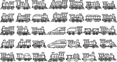 Black and White Line Art Vector of Various Train Designs for Transportation and Logistics © pixsource
