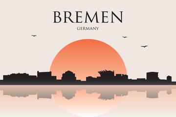 Obraz premium Minimalist contemporary Japanese-style drawing of a half sun skyline with water reflection poster panorama of BREMEN, GERMANY