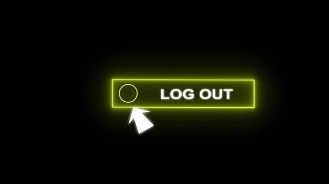 Glowing neon blue color white text cursor animation pointing towards log out button in looping with transparent background.