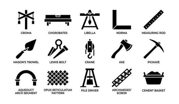 Construction and surveying tool icons arranged in labeled grid