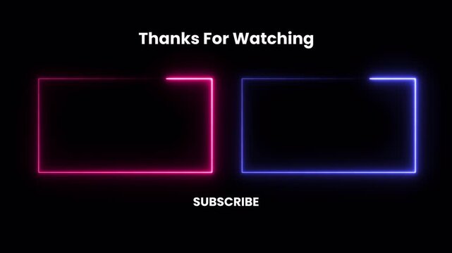 Thanks for watching neon outro screen concept, glowing pink and blue frame with subscribe text, vector flat 2d illustration isolated background
