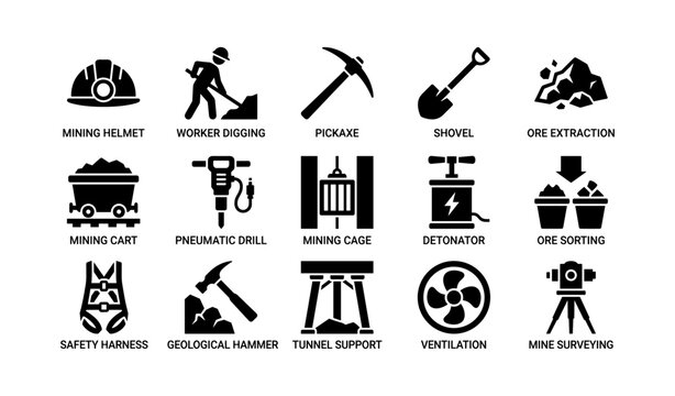 Mining icons showing equipment workers and extraction symbols