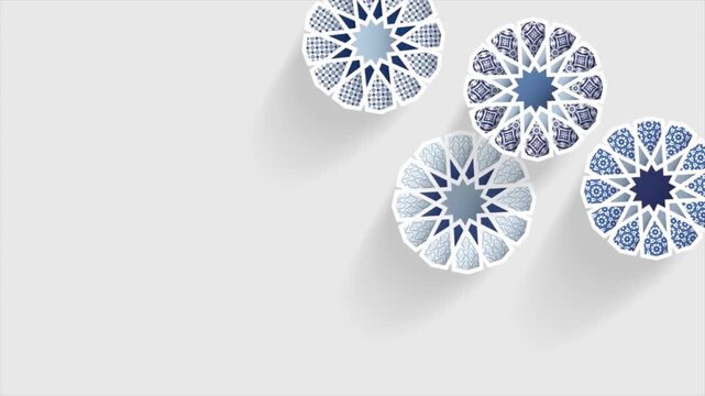 Islamic geometric Arabic ornament background with blue mosaic patterns, elegant Ramadan and EID Mubarak decorative paper art design on minimal gray backdrop