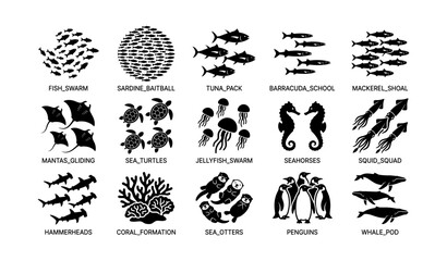 Obraz premium Marine animal group silhouettes arranged in labeled grid