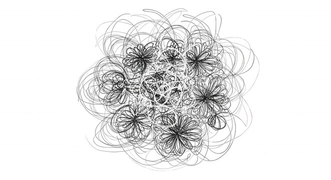 Abstract circular pattern of white tangled scribbles and overlapping chaotic lines on a solid black background