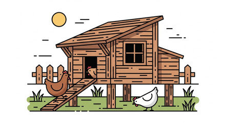 Wooden Chicken Coop with Rooster and Duck. © idah
