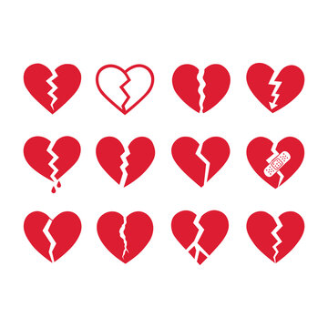 Set of 12 red broken heart icons in various styles. Minimalist vector illustrations representing heartbreak, divorce, and sadness. Perfect for expressive social media and web designs.