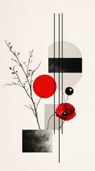 Fototapeta premium Minimalist abstract art composition featuring red poppy flower botanical elements and geometric shapes in bold black lines