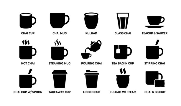 Tea and chai cup icons displayed in rows on white background