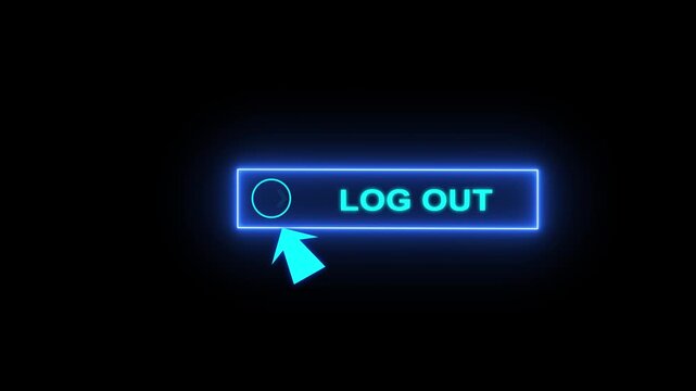 Glowing neon blue color white text cursor animation pointing towards log out button in looping with transparent background.
