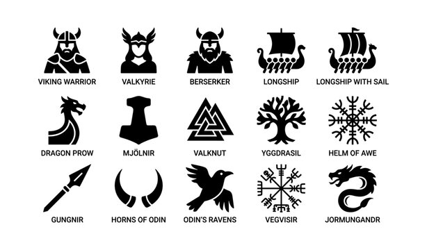 Viking icons showing mythic figures and objects on white background