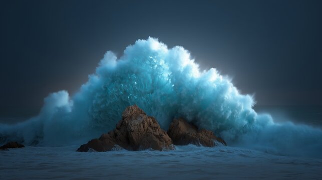 A massive ocean wave crashes against the rocks. A huge wave hits the rocky coastline during a violent storm.