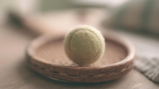 Single tennis ball resting on a wooden plate. the plate is made of light-colored wood and has a smooth surface. the tennis ball is round and appears to be made of a soft, fuzzy material.