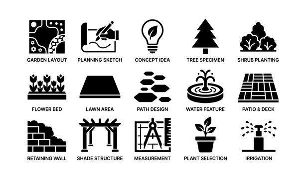 Landscape and garden planning icons arranged in grid layout