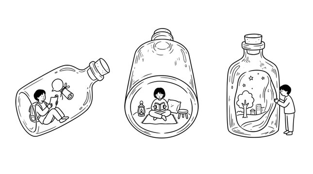 This series of illustrations showcases bottles that encapsulate imagination, creativity, and the essence of dreams, inviting viewers into unique visual narratives.