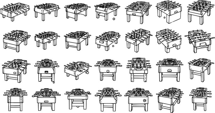 Black and white line art vector set of foosball tables. Outline doodle illustrations of table football game machines for sports and recreation designs.