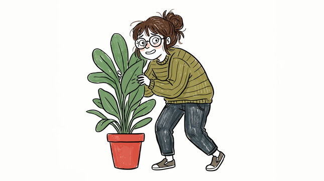 Shy woman hiding behind large potted plant in awkward social situation illustration.