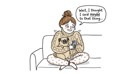 Fototapeta premium Woman sitting on sofa with pug dog regretting social plans.