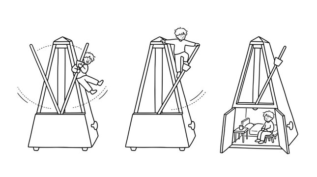 The playful image illustrates a metronome with kids climbing and swinging, representing rhythm, movement, and the harmony of creativity and fun in an artistic manner.
