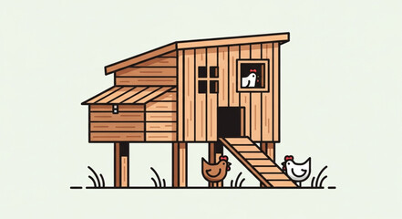 Wooden Chicken Coop with Rooster and Hen. © idah