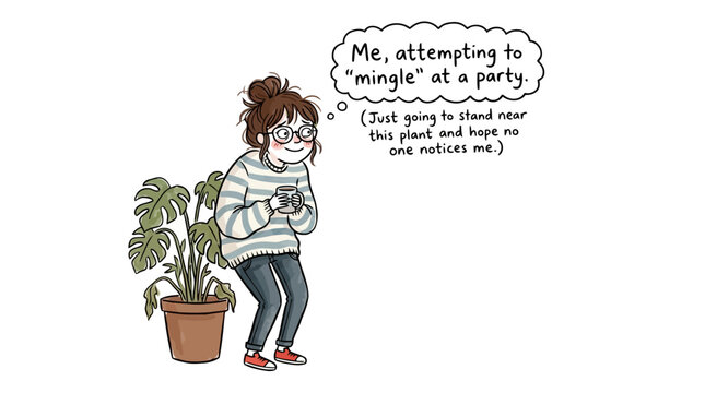 Me mingling at a party standing near plant hoping not to be noticed.