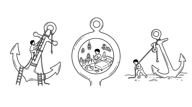 This artwork illustrates an anchor representing stability, with a child exploring nautical elements and themes of labor and support, signifying perseverance and growth.
