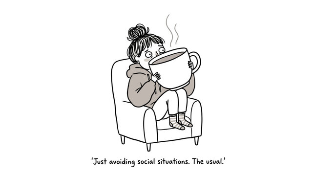 Introvert woman avoiding social situations with large mug of hot drink.