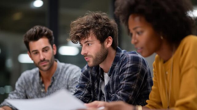 Three friends engage in a discussion at a table in a bright workspace. They review papers and share thoughts. The atmosphere shows collaboration and focus on creative projects.