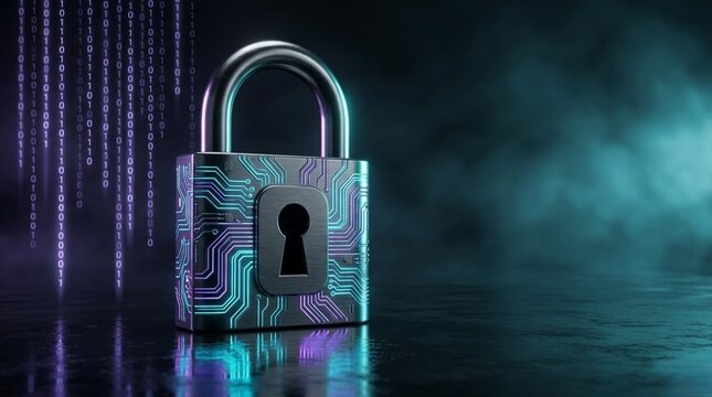 Digital cybersecurity padlock with glowing circuit board patterns and binary code data stream, data protection concept, teal and purple neon lighting, copy space.