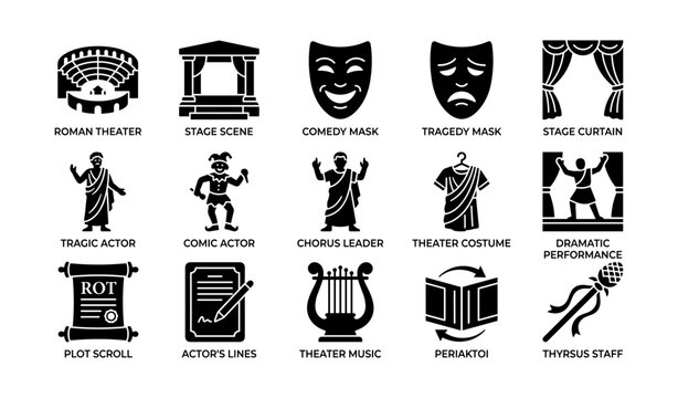 Grid of theater and performance icons labeled on white background