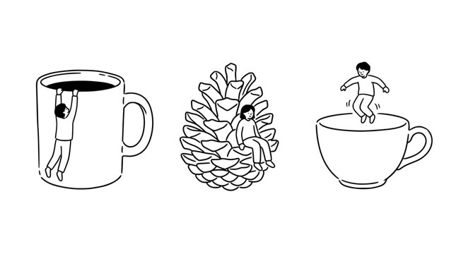This imaginative illustration features a child playfully interacting with a giant cup, highlighting the concept of finding adventure and joy in everyday objects through line art.