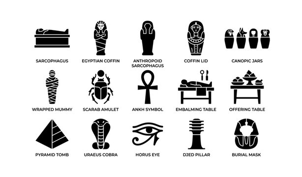 Egyptian burial icons showing coffins and ritual objects