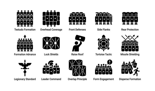 Testudo and shield tactic icons in labeled grid, white background