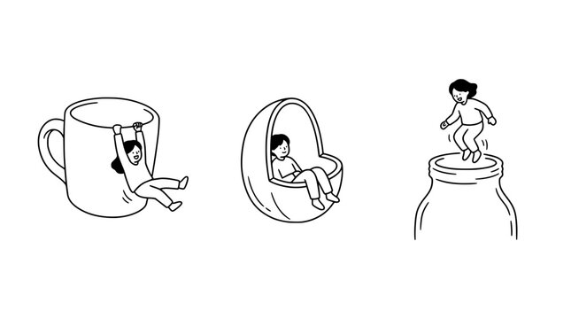 A creative representation of individuals finding joy and comfort in everyday items such as cups and chairs, emphasizing the significance of ordinary life through line art.