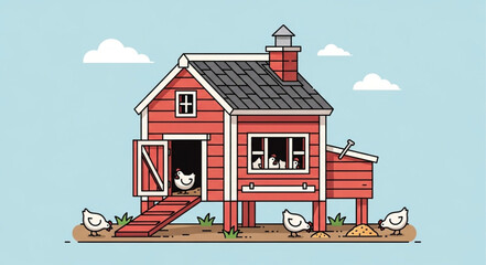 Charming Red Chicken Coop with White Roosters and Chickens. © idah