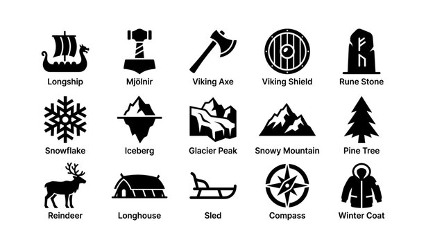 Viking and arctic icons depicting norse symbols and winter