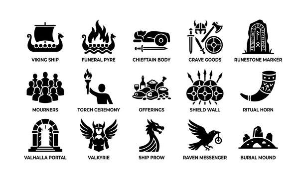 Viking burial and ritual icons arranged in grid on white background