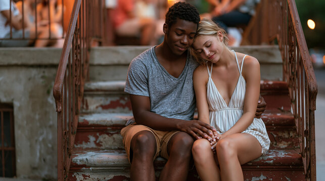 Young interracial couple sitting on a worn apartment stoop on a June evening, one resting their head on the other's shoulder, neighbors visible in background, street noise surrounding them, the ordi