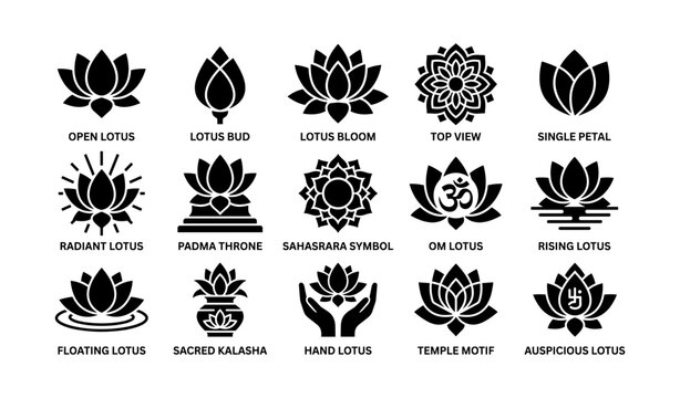 Lotus icons depicting petals blooms and sacred symbols on white