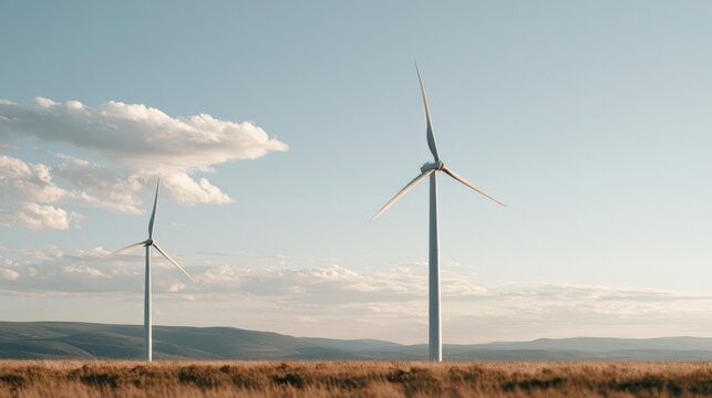 Two wind turbines in a field. the sky is blue with a few white clouds scattered across it. the wind turbines are tall and white, with their blades pointing upwards.