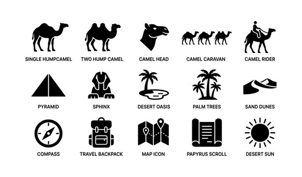 Camel and desert travel icons arranged in labeled grid on white