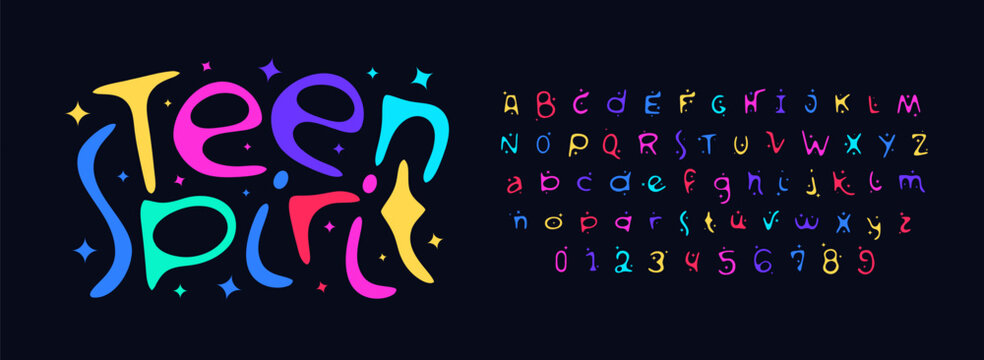 Teen Playful Font Logo Alphabet Joyful Letter Set Modern Typography, Creative Typographic Design for Comics Title Text, Funny Kid Poster Headline, Fun Logotype, Summer Carnival Fonts. Vector Typeface