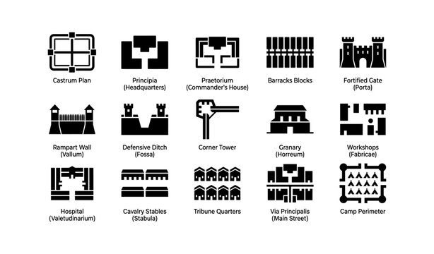 Roman fort and camp plan icons arranged on white background