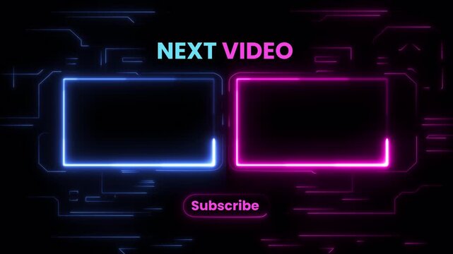 Modern neon next video end screen concept, glowing blue and pink frame with subscribe button, digital flat 2d illustration isolated background