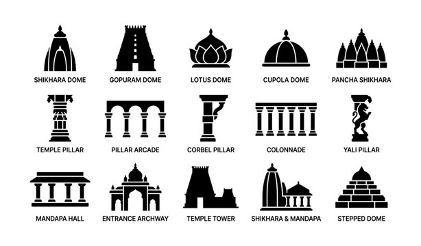 Temple dome and pillar icons arranged in labeled grid on white