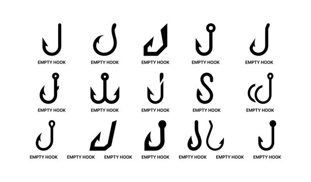 Various fishing hook icons arranged in rows on white background