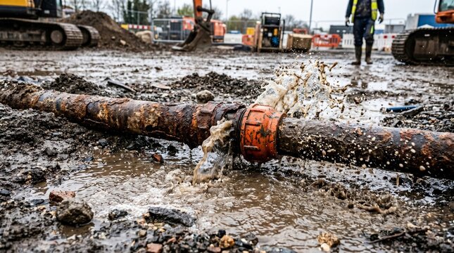 Burst sewer pipeline with leaking joint, muddy excavation, representing emergency sewer pipeline repair. repair clamp and spray of wastewater