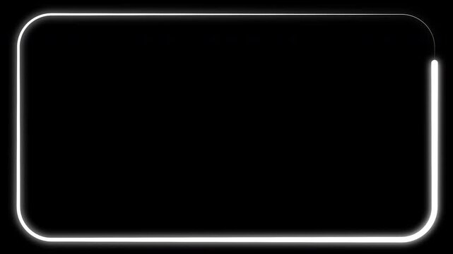 Glowing white neon rounded rectangle frame animation on black background, seamless loop 4K.