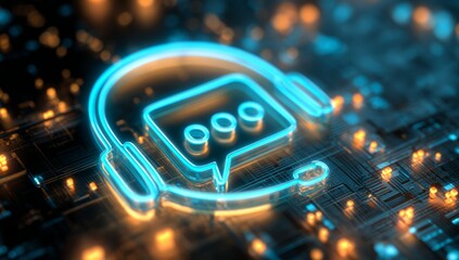 Futuristic Neon Headset and Chat Icon on Circuit Board